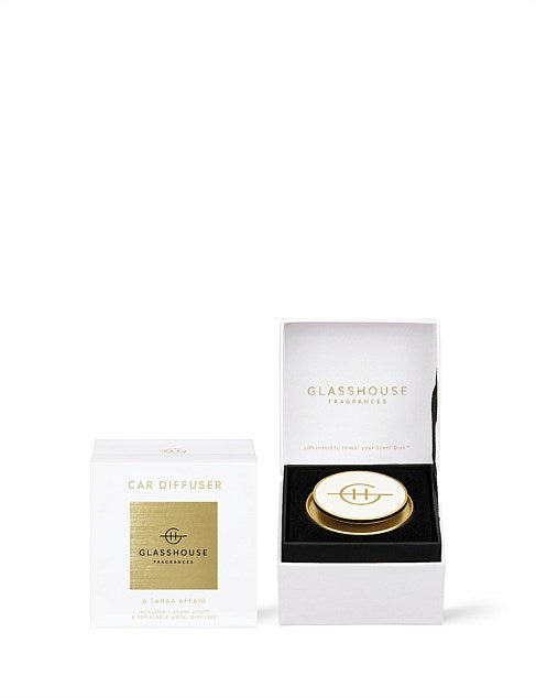 A Tahaa Affair Gold Car Diffuser & 1 Replacement Scent Disk